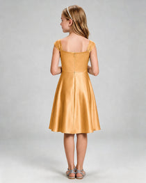 Gold Junior Bridesmaid Dress Cap Sleeve Diagonal Ruched Satin A-Line Knee-Length Gown Back Full View