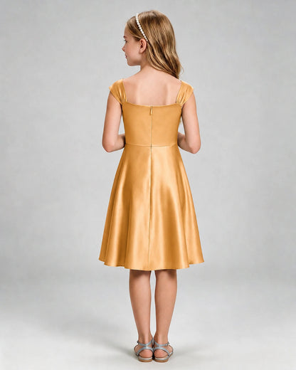 Gold Junior Bridesmaid Dress Cap Sleeve Diagonal Ruched Satin A-Line Knee-Length Gown Back Full View