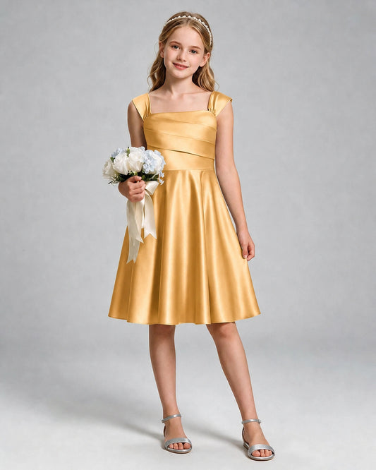 Gold Satin A-line Girls Formal Dress Front View