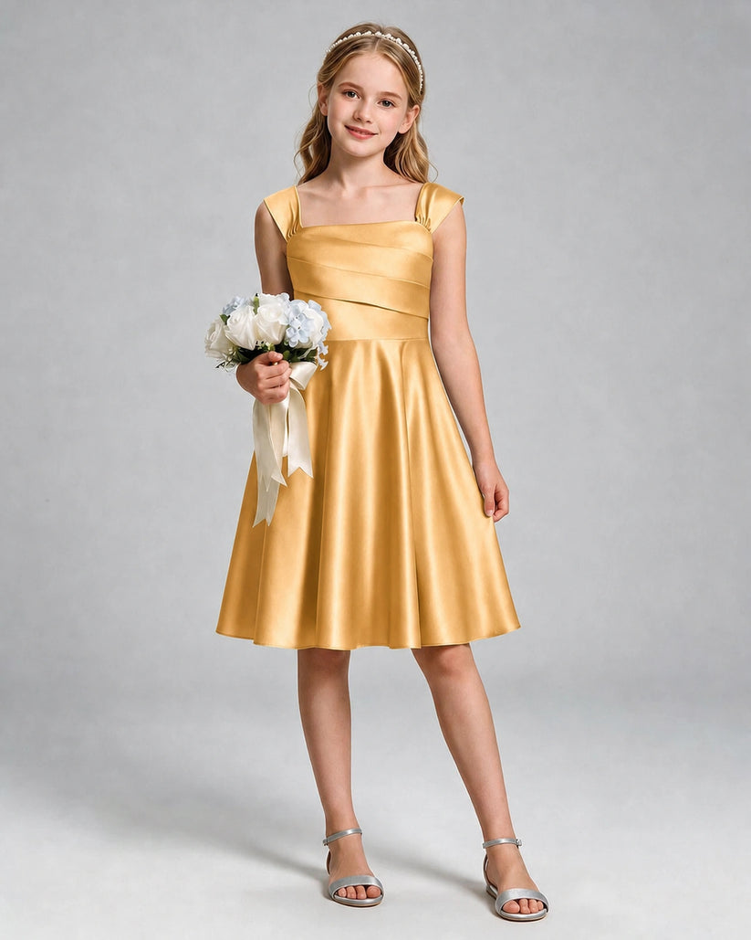 Gold Satin A-line Girls Formal Dress Front View
