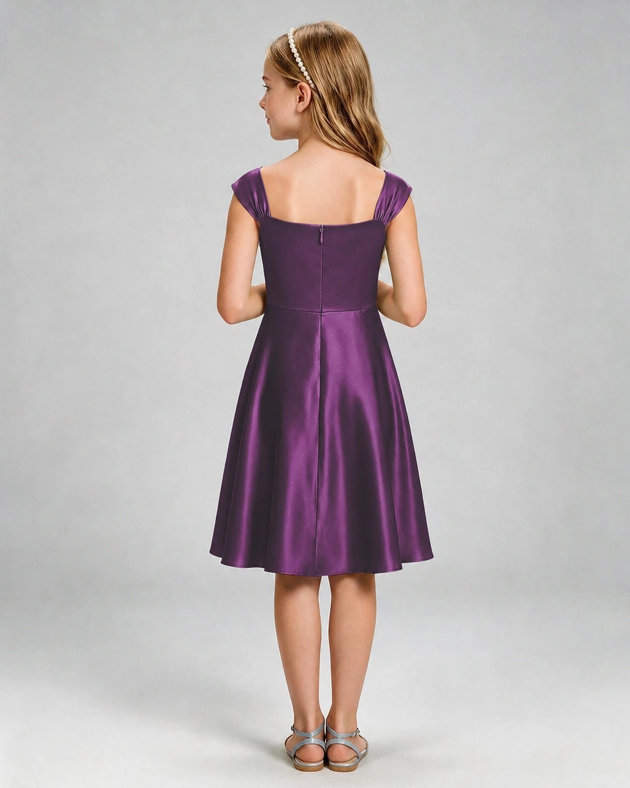 Grape Junior Bridesmaid Dress Cap Sleeve Diagonal Ruched Satin A-Line Knee-Length Gown Back Full View