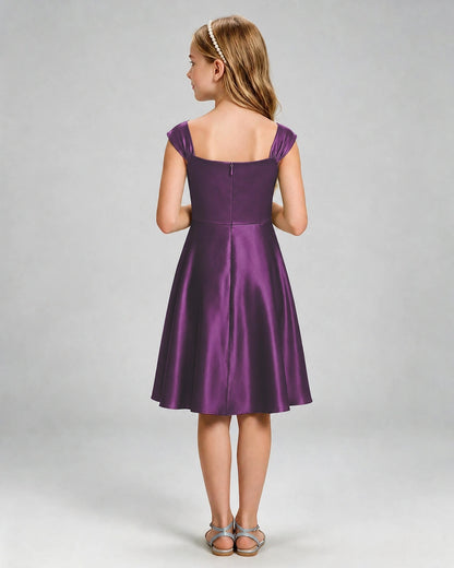 Grape Junior Bridesmaid Dress Cap Sleeve Diagonal Ruched Satin A-Line Knee-Length Gown Back Full View