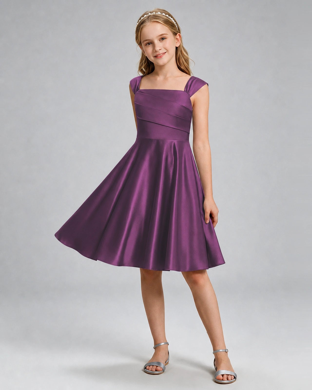 Grape Junior Bridesmaid Dress Cap Sleeve Diagonal Ruched Satin A-Line Knee-Length Gown Front Full View