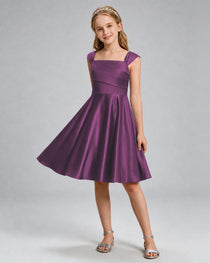 Grape Junior Bridesmaid Dress Cap Sleeve Diagonal Ruched Satin A-Line Knee-Length Gown Front Full View