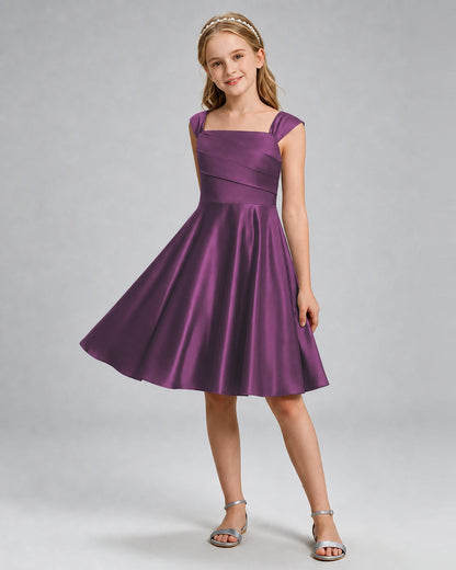Grape Junior Bridesmaid Dress Cap Sleeve Diagonal Ruched Satin A-Line Knee-Length Gown Front Full View