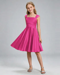 Hot Pink Junior Bridesmaid Dress Cap Sleeve Diagonal Ruched Satin A-Line Knee-Length Gown Front Full View