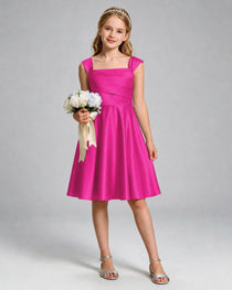 Hot Pink Junior Bridesmaid Dress Cap Sleeve Diagonal Ruched Satin A-Line Knee-Length Gown Front Full View