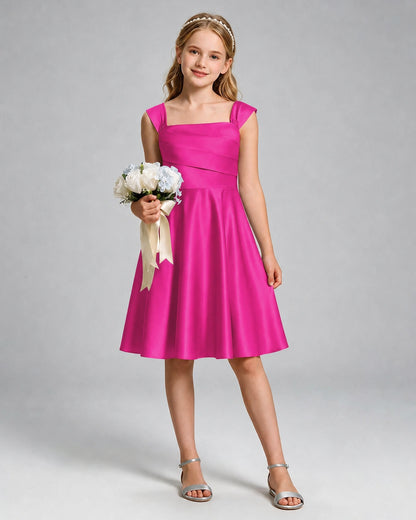 Hot Pink Junior Bridesmaid Dress Cap Sleeve Diagonal Ruched Satin A-Line Knee-Length Gown Front Full View