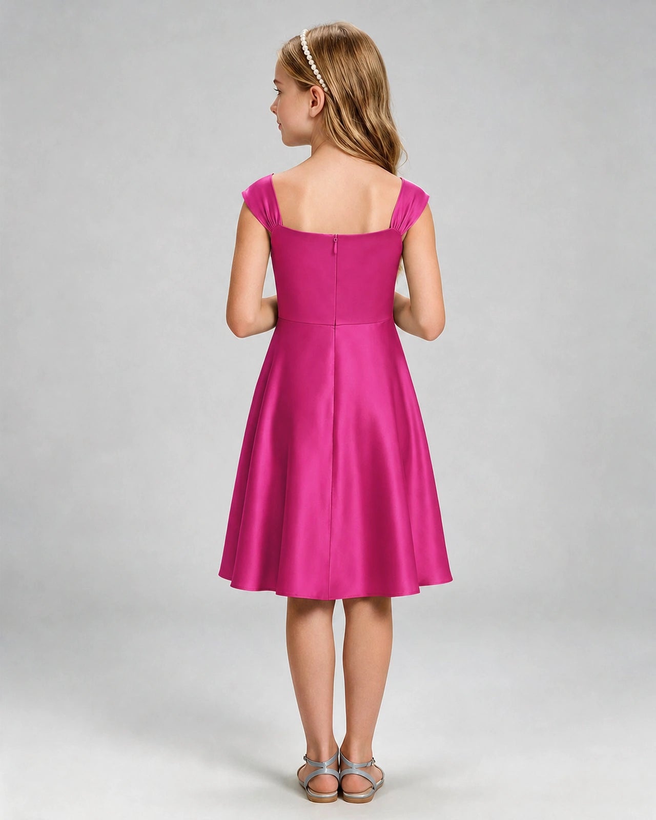 Hot Pink Junior Bridesmaid Dress Cap Sleeve Diagonal Ruched Satin A-Line Knee-Length Gown Back Full View