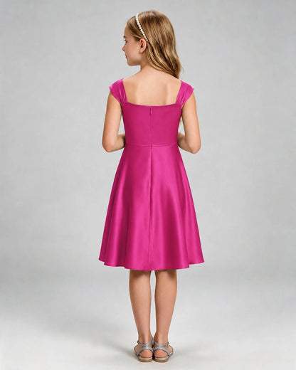 Hot Pink Junior Bridesmaid Dress Cap Sleeve Diagonal Ruched Satin A-Line Knee-Length Gown Back Full View