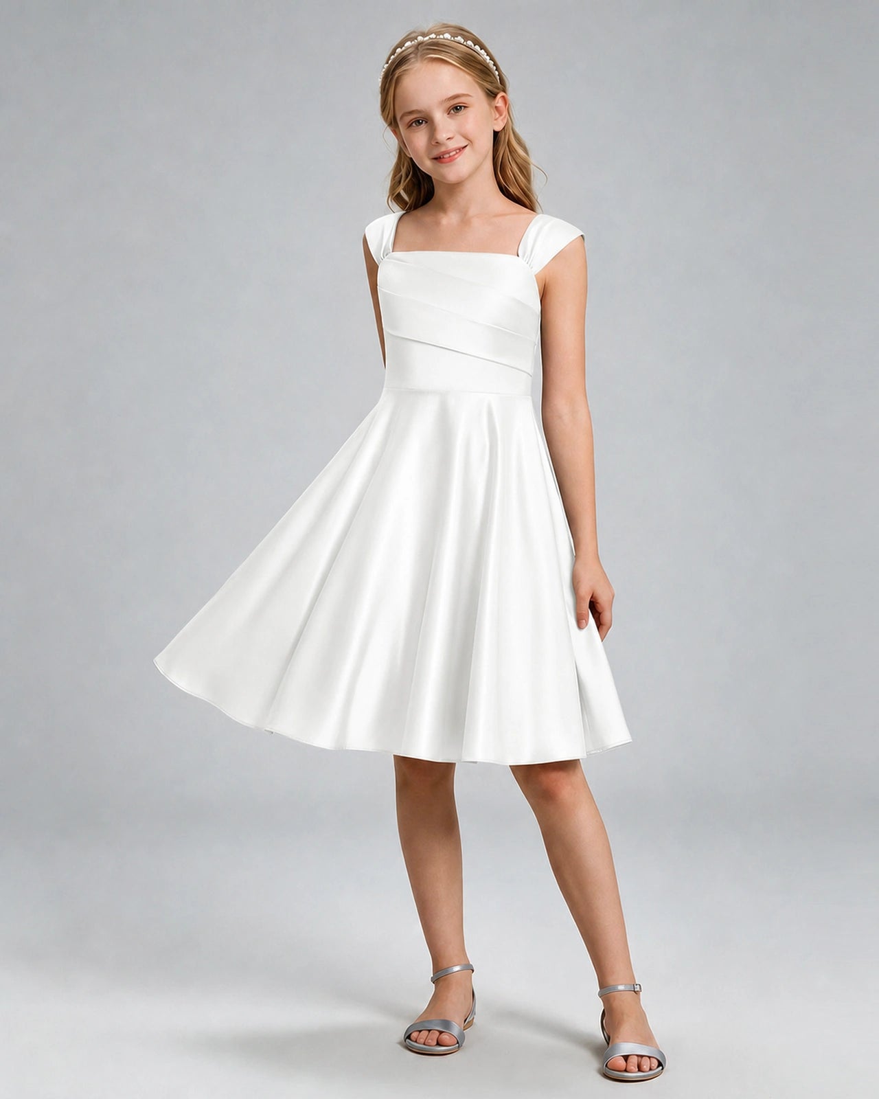 Ivory Junior Bridesmaid Dress Cap Sleeve Diagonal Ruched Satin A-Line Knee-Length Gown Front Full View