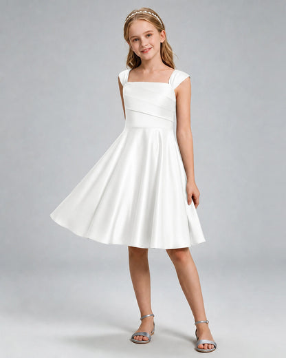 Ivory Junior Bridesmaid Dress Cap Sleeve Diagonal Ruched Satin A-Line Knee-Length Gown Front Full View