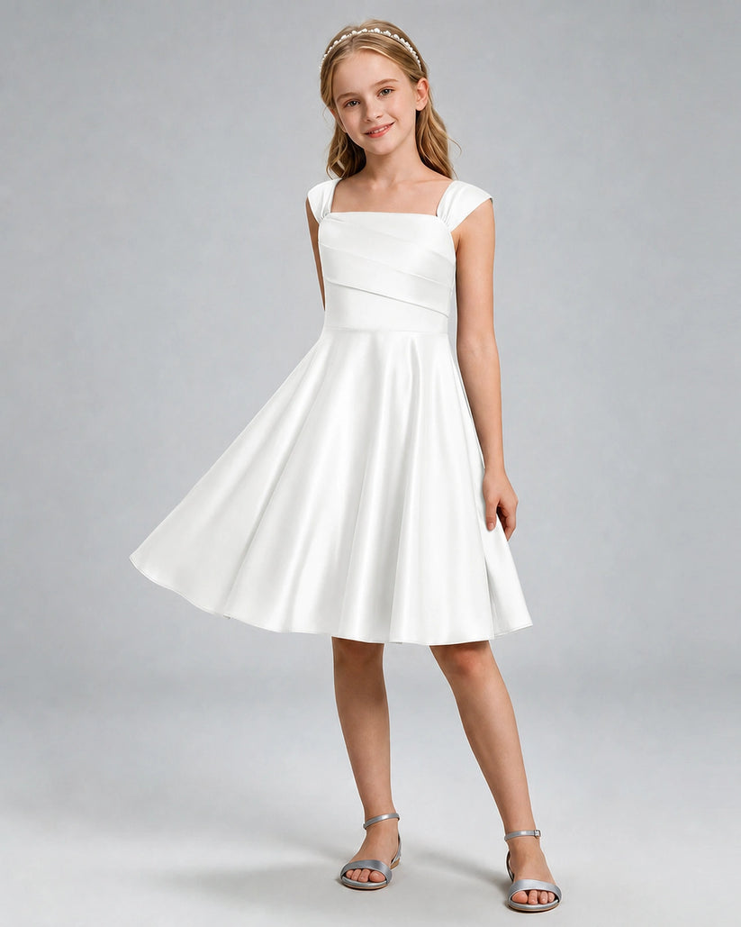 Ivory Satin A-line Girls Formal Dress Front View