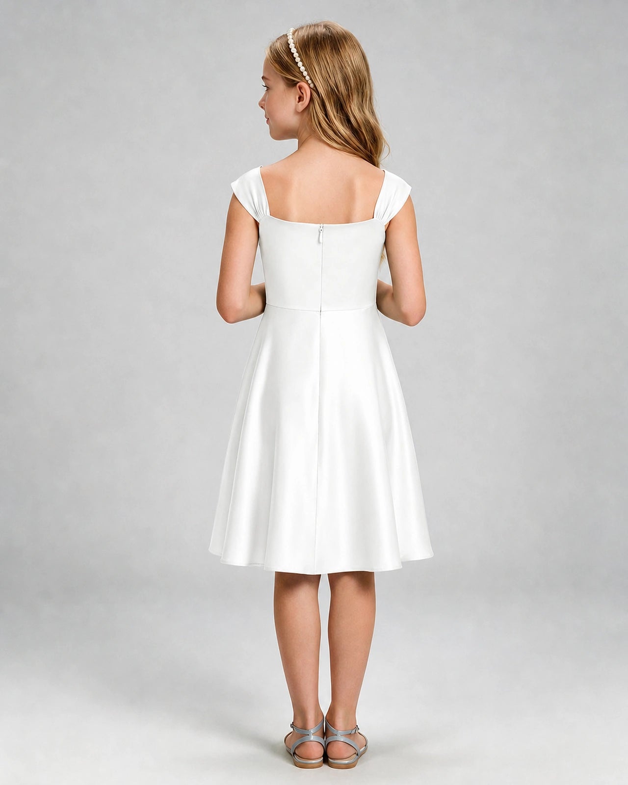 Ivory Junior Bridesmaid Dress Cap Sleeve Diagonal Ruched Satin A-Line Knee-Length Gown Back Full View