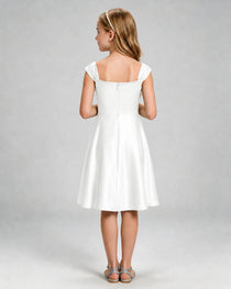 Ivory Junior Bridesmaid Dress Cap Sleeve Diagonal Ruched Satin A-Line Knee-Length Gown Back Full View