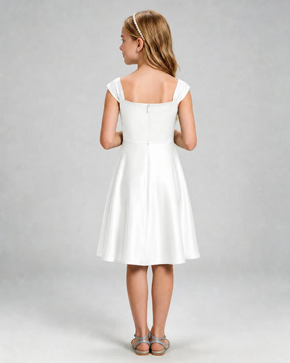 Ivory Junior Bridesmaid Dress Cap Sleeve Diagonal Ruched Satin A-Line Knee-Length Gown Back Full View