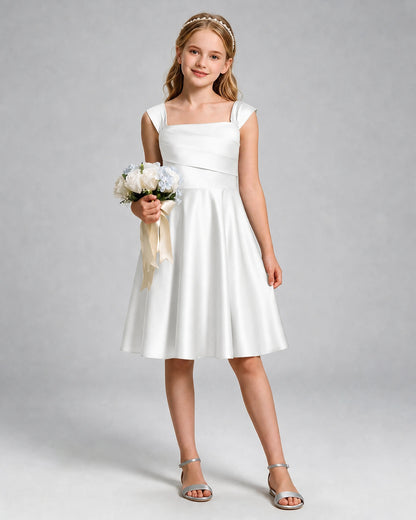 Ivory Junior Bridesmaid Dress Cap Sleeve Diagonal Ruched Satin A-Line Knee-Length Gown Front Full View