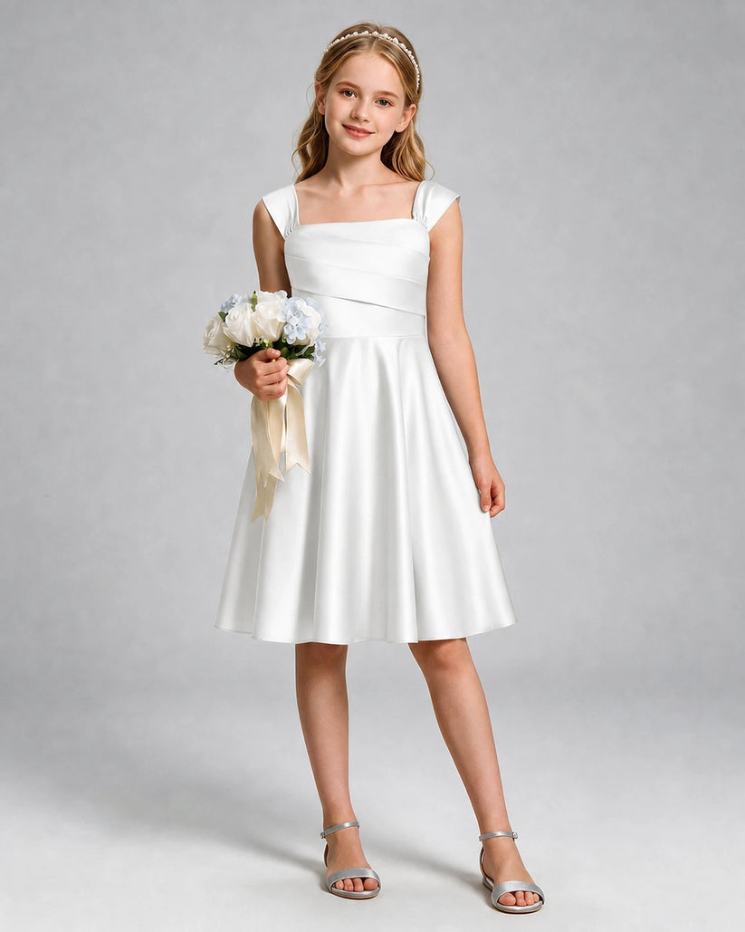 Ivory Satin A-line Girls Formal Dress Front View