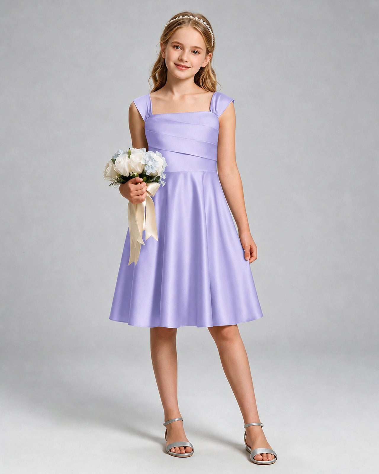 Lavender Junior Bridesmaid Dress Cap Sleeve Diagonal Ruched Satin A-Line Knee-Length Gown Front Full View