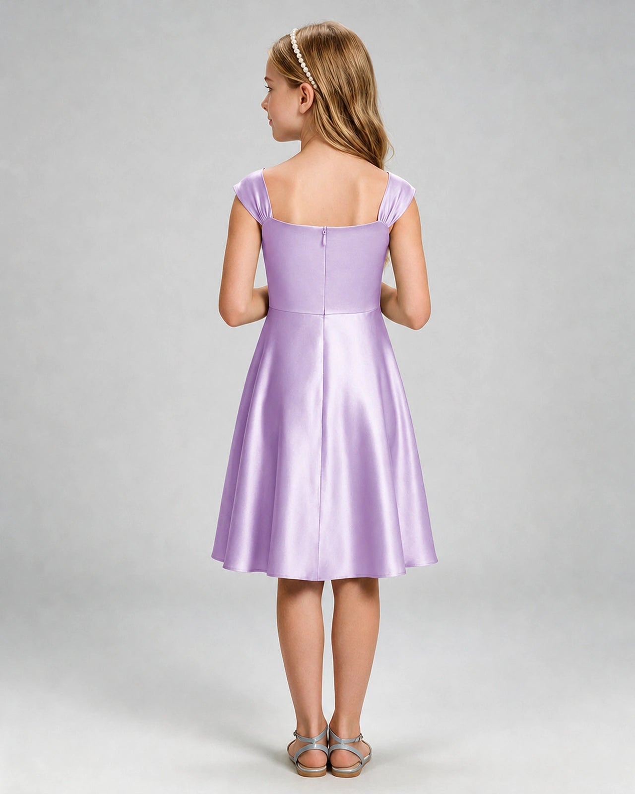 Lilac Junior Bridesmaid Dress Cap Sleeve Diagonal Ruched Satin A-Line Knee-Length Gown Back Full View