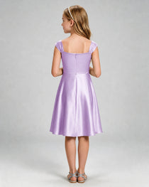 Lilac Junior Bridesmaid Dress Cap Sleeve Diagonal Ruched Satin A-Line Knee-Length Gown Back Full View