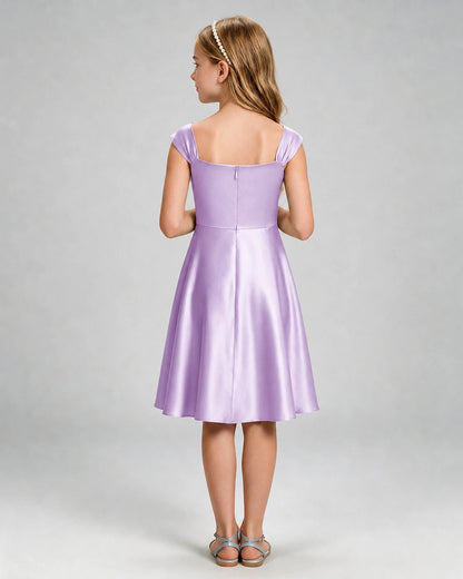 Lilac Junior Bridesmaid Dress Cap Sleeve Diagonal Ruched Satin A-Line Knee-Length Gown Back Full View