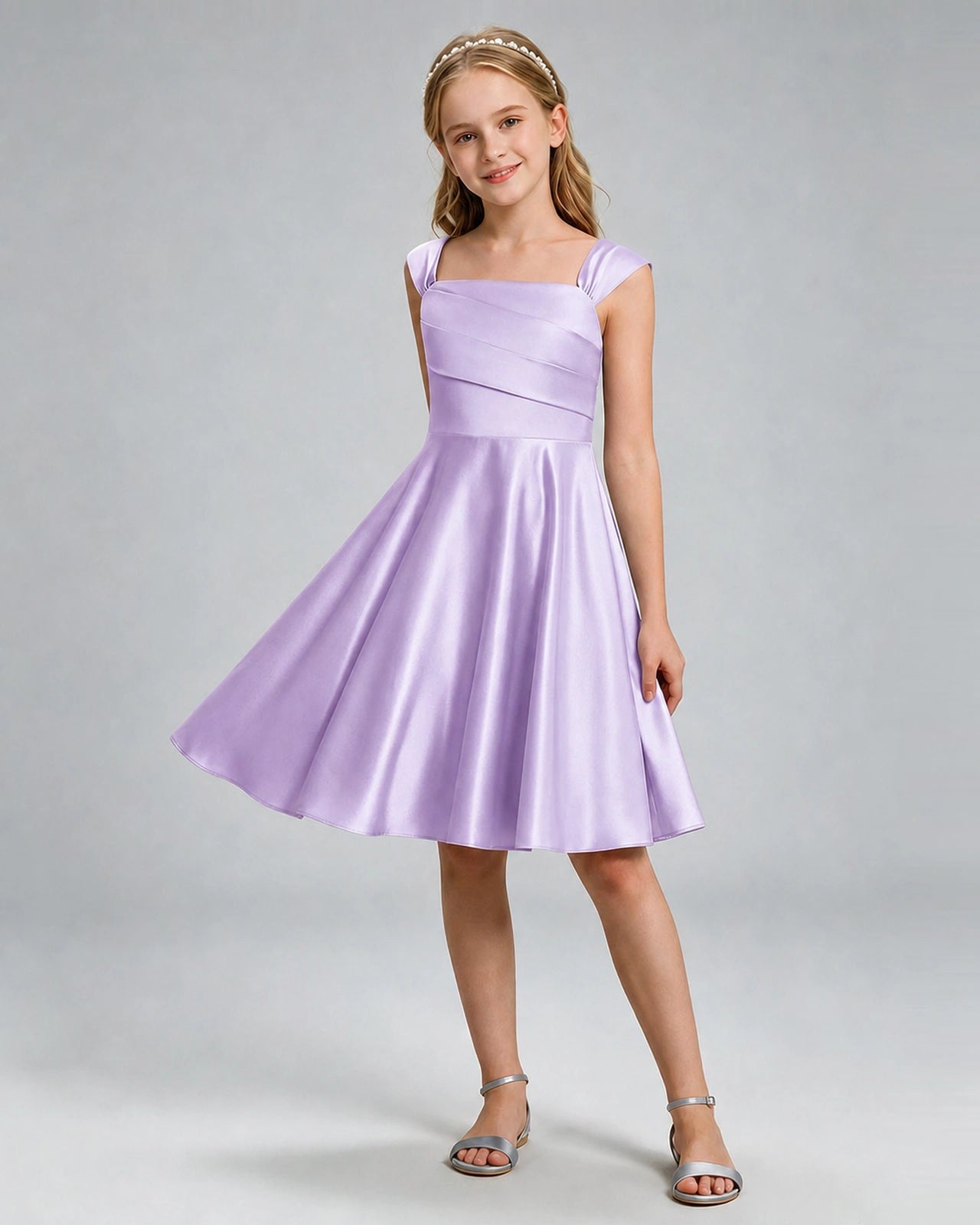 Lilac Junior Bridesmaid Dress Cap Sleeve Diagonal Ruched Satin A-Line Knee-Length Gown Front Full View