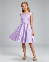 Lilac Junior Bridesmaid Dress Cap Sleeve Diagonal Ruched Satin A-Line Knee-Length Gown Front Full View