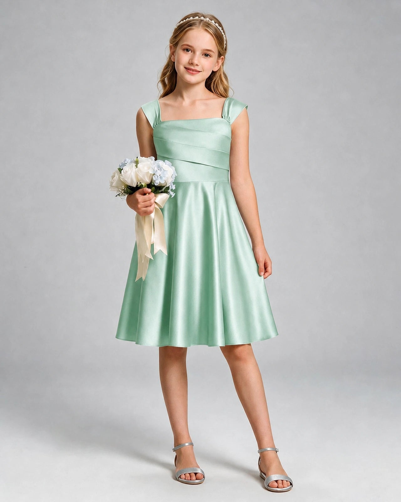 Mint Green Junior Bridesmaid Dress Cap Sleeve Diagonal Ruched Satin A-Line Knee-Length Gown Front Full View