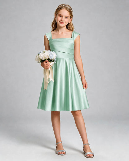 Mint Green Junior Bridesmaid Dress Cap Sleeve Diagonal Ruched Satin A-Line Knee-Length Gown Front Full View