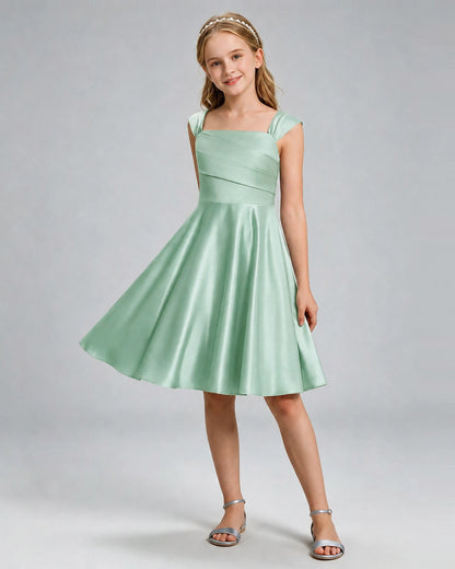 Mint Green Junior Bridesmaid Dress Cap Sleeve Diagonal Ruched Satin A-Line Knee-Length Gown Front Full View