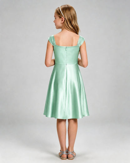 Mint Green Junior Bridesmaid Dress Cap Sleeve Diagonal Ruched Satin A-Line Knee-Length Gown Back Full View