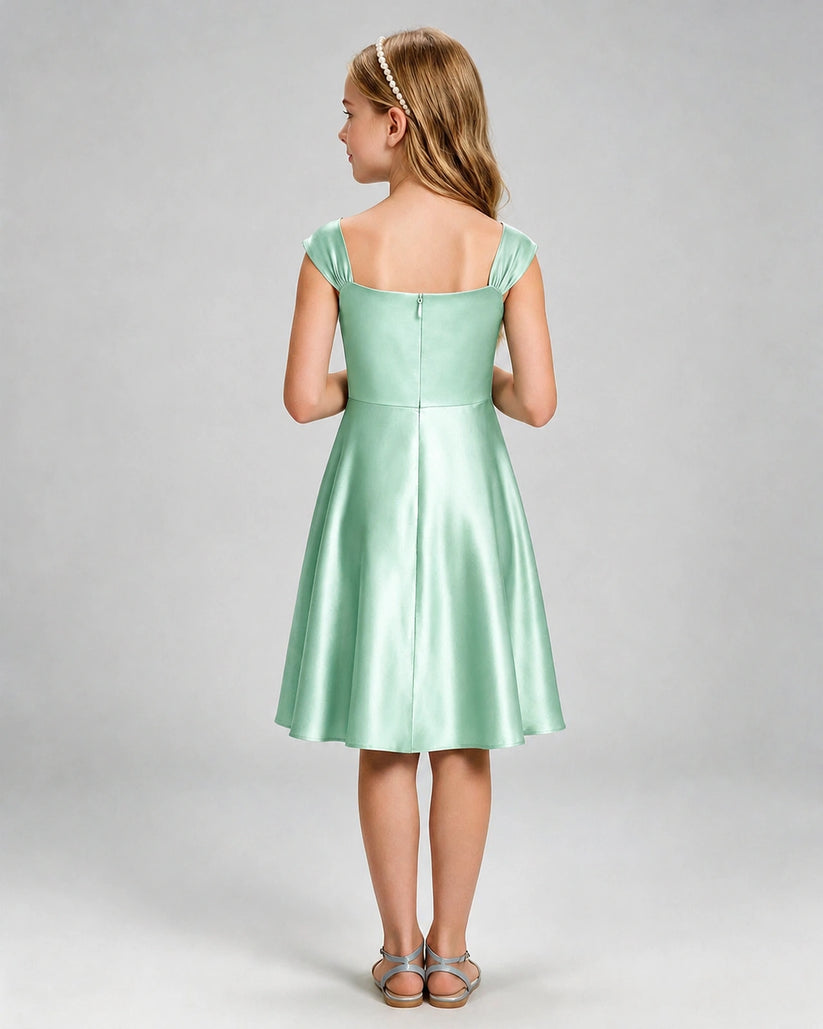 Mint Green Satin A-line Girls Formal Dress Back View