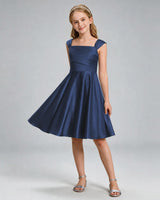 Navy Blue Satin A-line Girls Formal Dress Front View