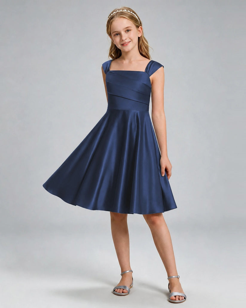Navy Blue Satin A-line Girls Formal Dress Front View