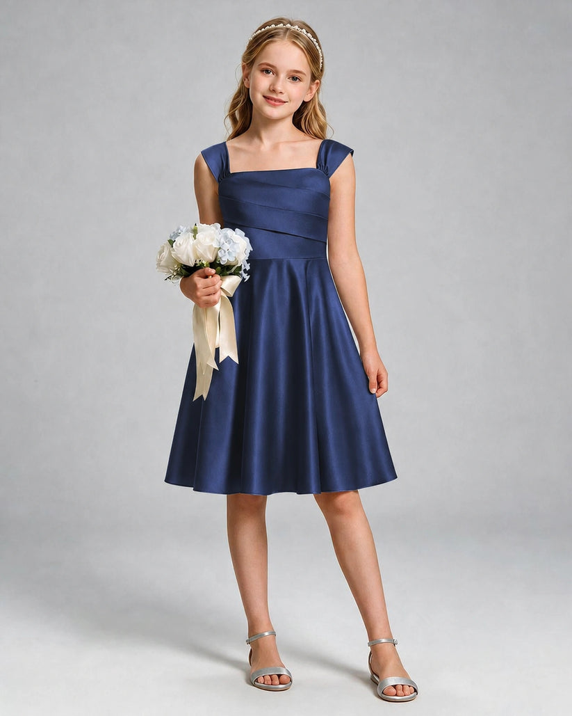 Navy Blue Satin A-line Girls Formal Dress Front View
