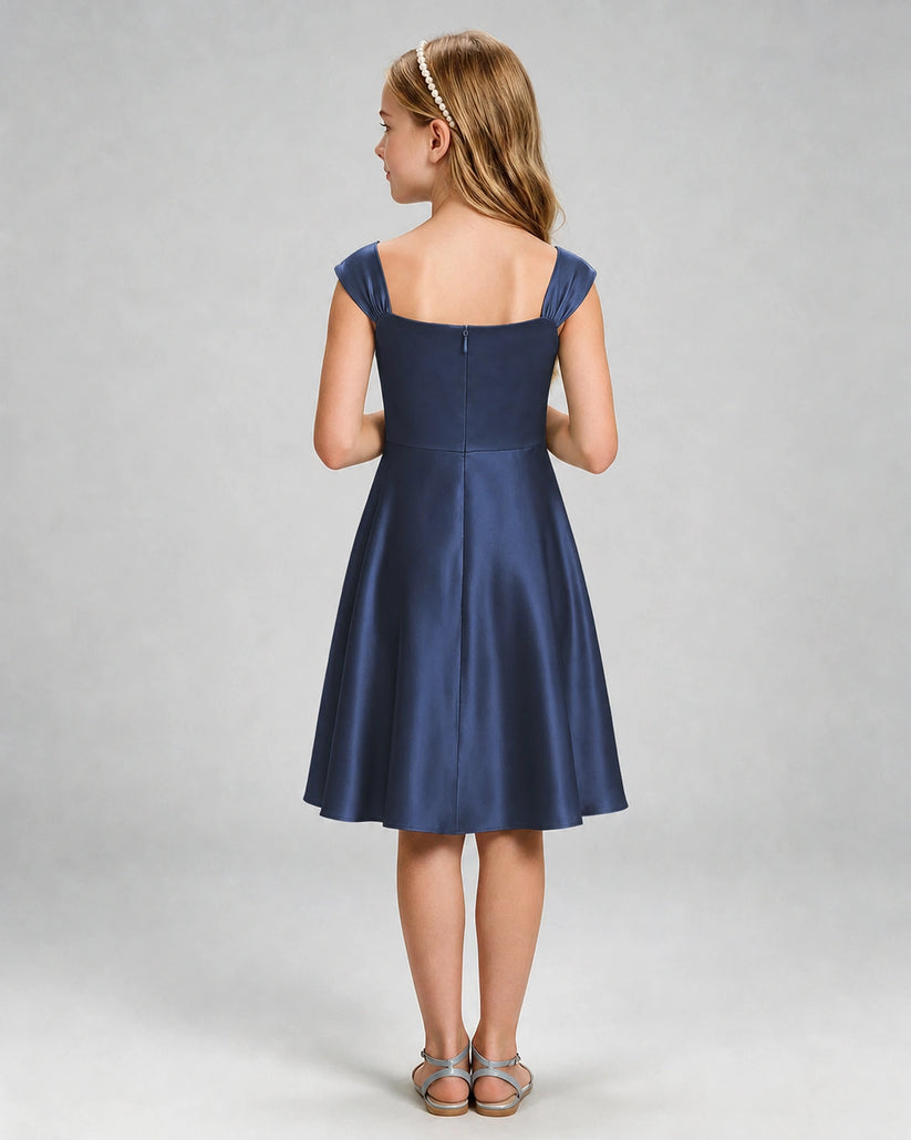 Navy Blue Satin A-line Girls Formal Dress Back View