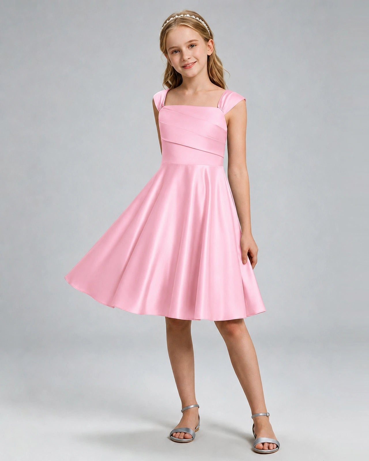 Pink Junior Bridesmaid Dress Cap Sleeve Diagonal Ruched Satin A-Line Knee-Length Gown Front Full View