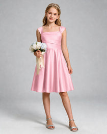 Pink Junior Bridesmaid Dress Cap Sleeve Diagonal Ruched Satin A-Line Knee-Length Gown Front Full View