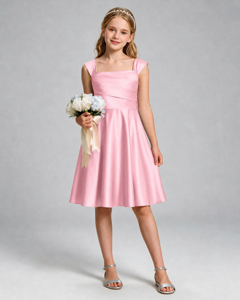 Pink Satin A-line Girls Formal Dress Front View
