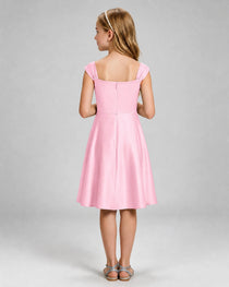 Pink Junior Bridesmaid Dress Cap Sleeve Diagonal Ruched Satin A-Line Knee-Length Gown Back Full View
