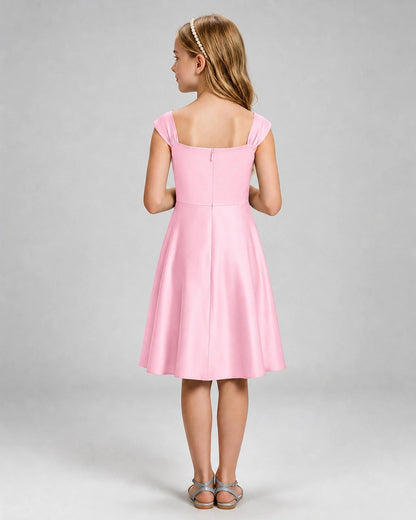 Pink Junior Bridesmaid Dress Cap Sleeve Diagonal Ruched Satin A-Line Knee-Length Gown Back Full View
