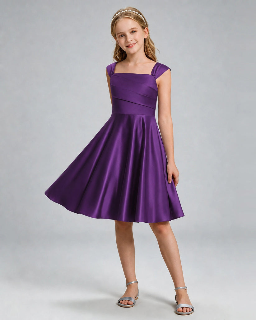 Purple Satin A-line Girls Formal Dress Front View
