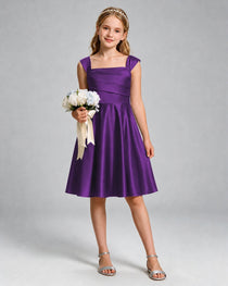 Purple Junior Bridesmaid Dress Cap Sleeve Diagonal Ruched Satin A-Line Knee-Length Gown Front Full View