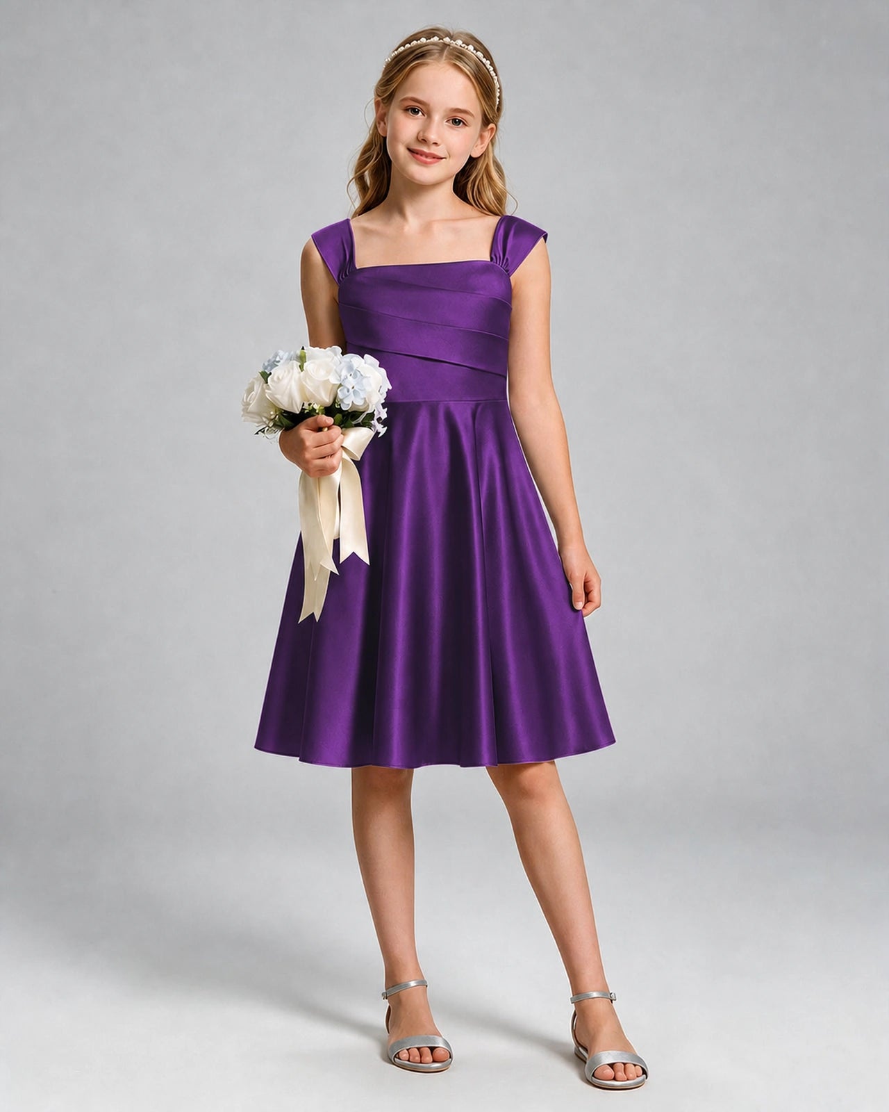 Purple Junior Bridesmaid Dress Cap Sleeve Diagonal Ruched Satin A-Line Knee-Length Gown Front Full View