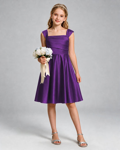 Purple Junior Bridesmaid Dress Cap Sleeve Diagonal Ruched Satin A-Line Knee-Length Gown Front Full View