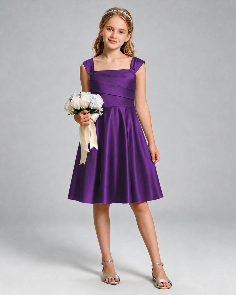 Purple Satin A-line Girls Formal Dress Front View