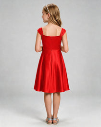 Red Junior Bridesmaid Dress Cap Sleeve Diagonal Ruched Satin A-Line Knee-Length Gown Back Full View