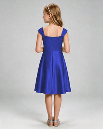 Royal Blue Junior Bridesmaid Dress Cap Sleeve Diagonal Ruched Satin A-Line Knee-Length Gown Back Full View
