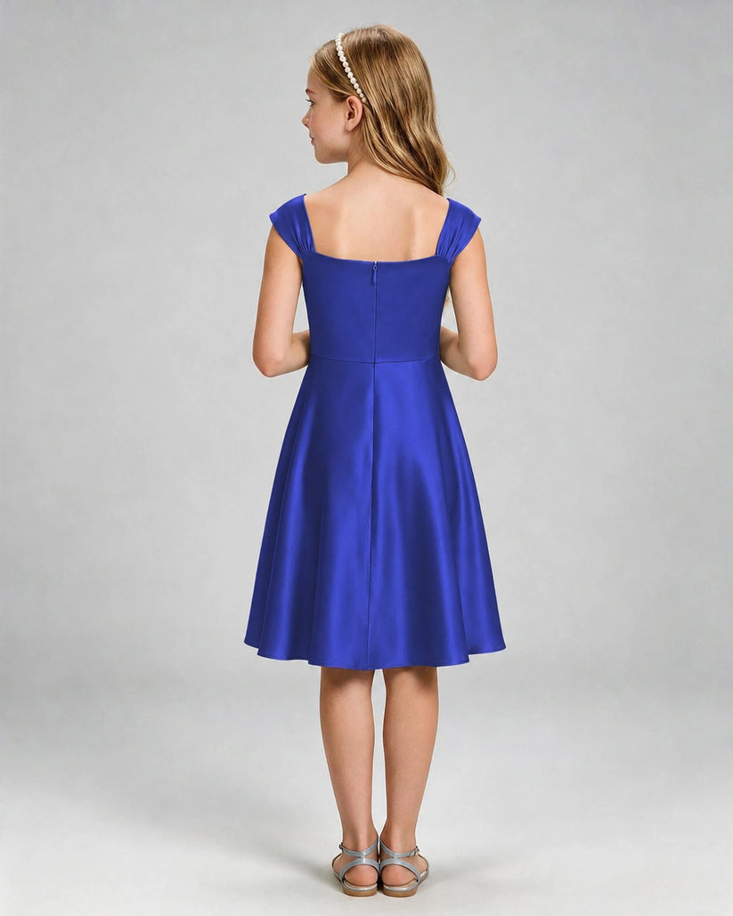 Royal Blue Satin A-line Girls Formal Dress Back View